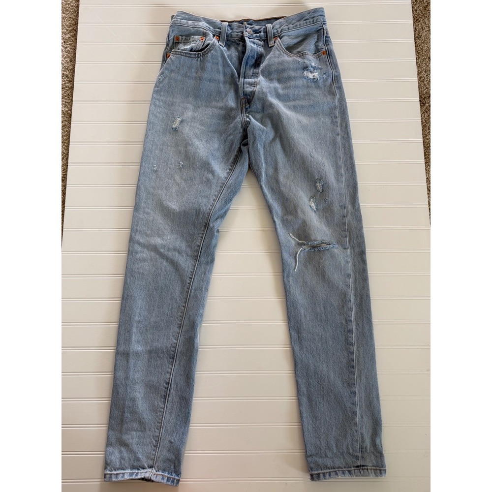 Levis 501 Skinny Jeans Light Wash Distressed Button Fly Denim W28 L32